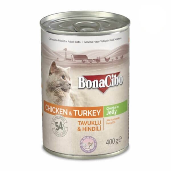 Bonacibo Chicken & Turkey Chunks in Jelly Adult Cat Wet Food 400g