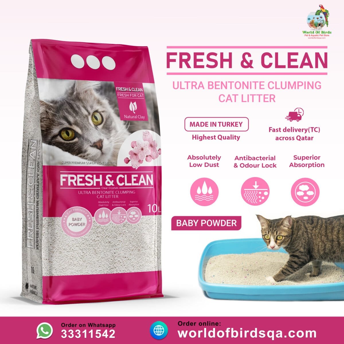 Fresh & Clean Ultra Bentonite Clumping Cat Litter – Baby Powder, 10L | Premium Cat Litter from Turkey - Image 1