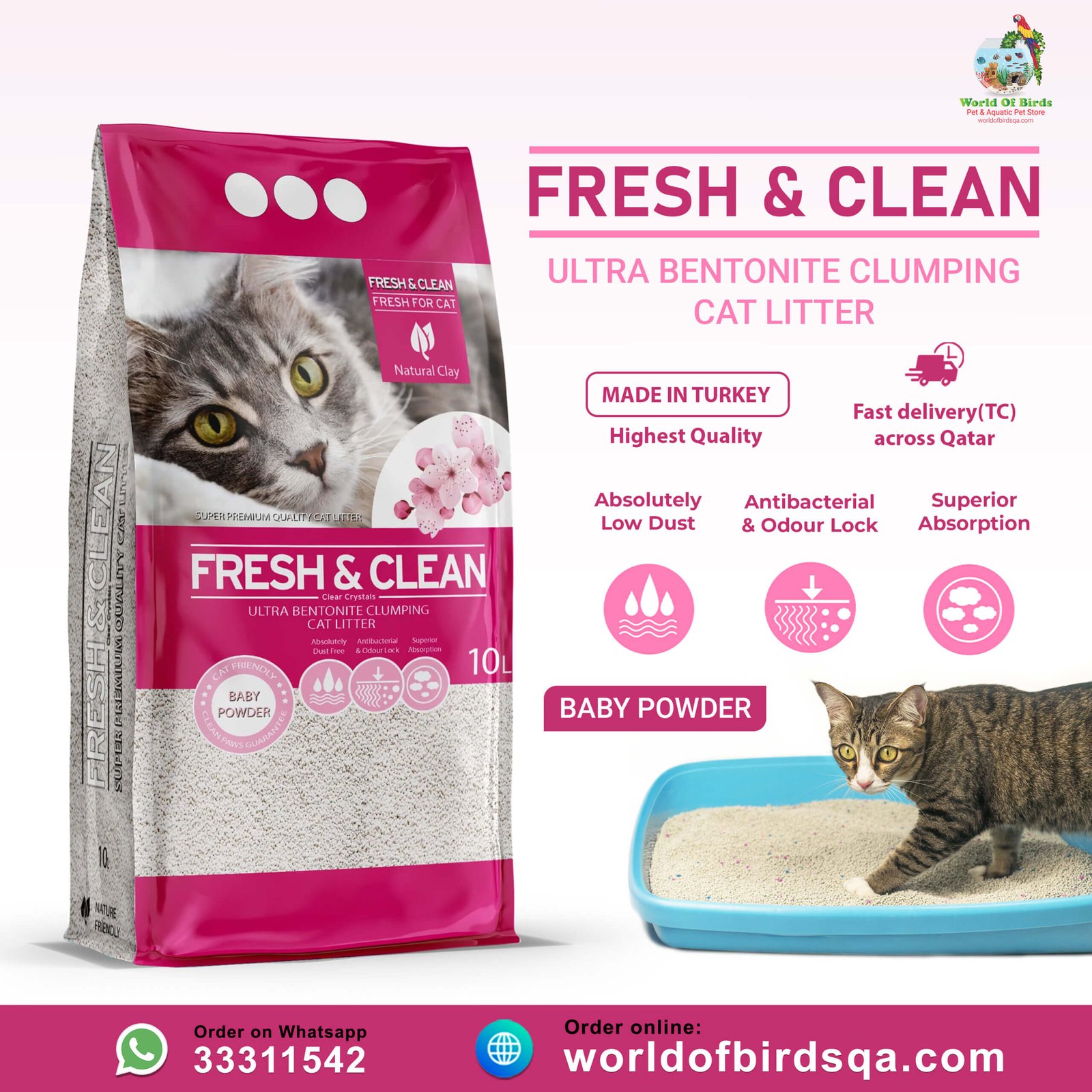 Fresh & Clean Baby powder Fresh & Clean Ultra Bentonite Clumping Cat Litter – Baby Powder, 10L | Premium Cat Litter from Turkey - Image 1
