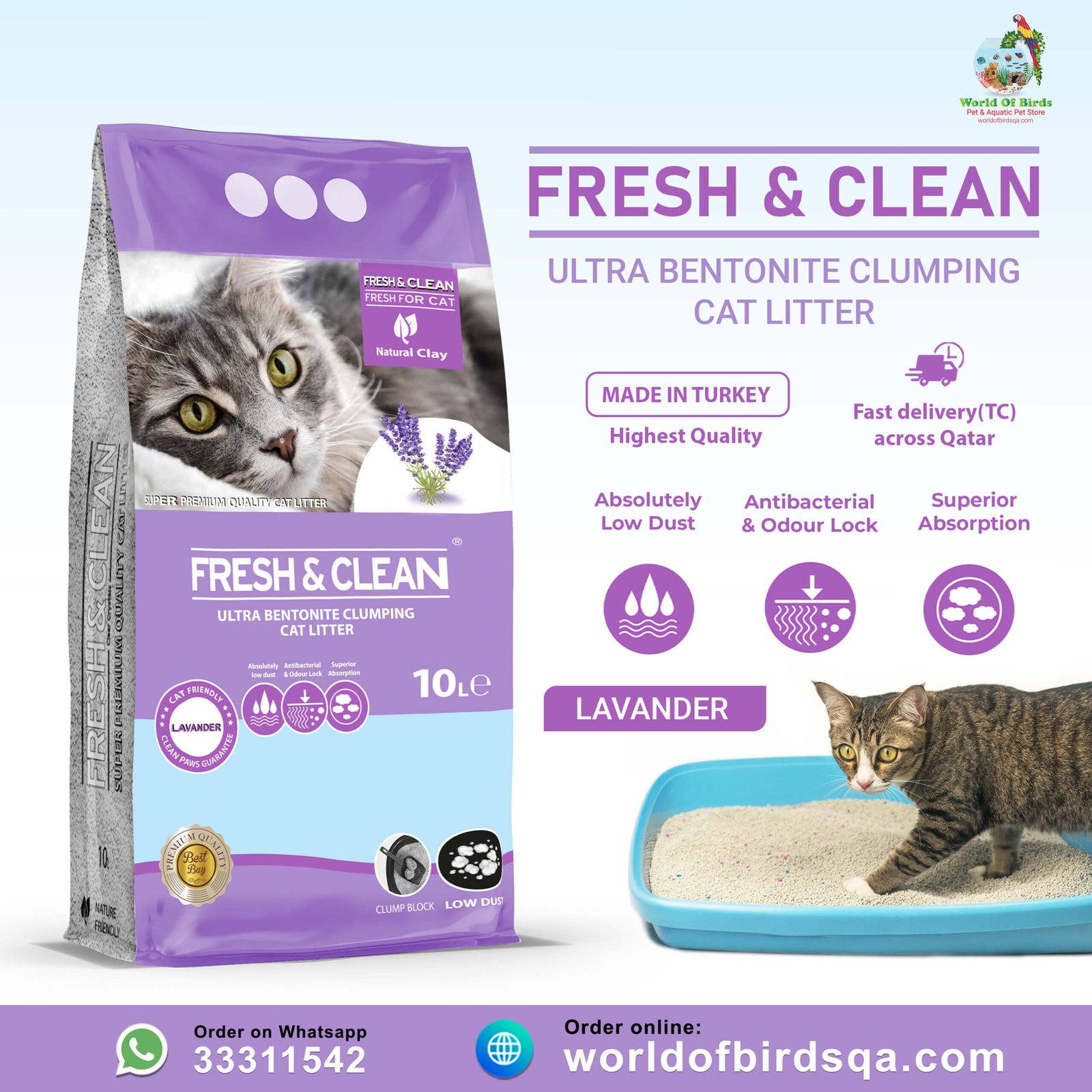 Fresh & Clean Lavender Fresh & Clean Ultra Bentonite Clumping Cat Litter – Lavender, 10L | Premium Cat Litter from Turkey - Image 1