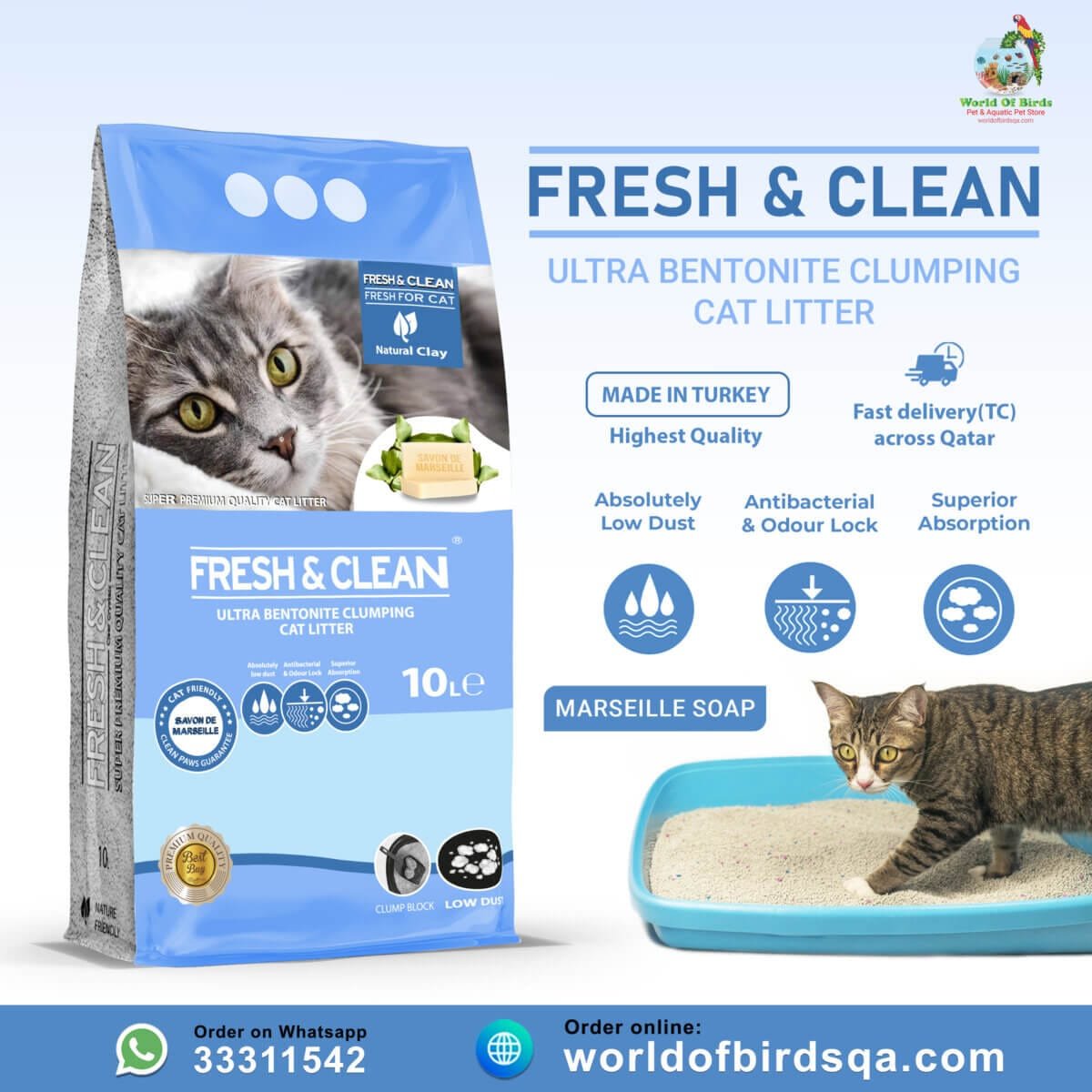 Fresh & Clean Ultra Bentonite Clumping Cat Litter – Marseille Soap, 10L | Premium Cat Litter from Turkey - Image 1
