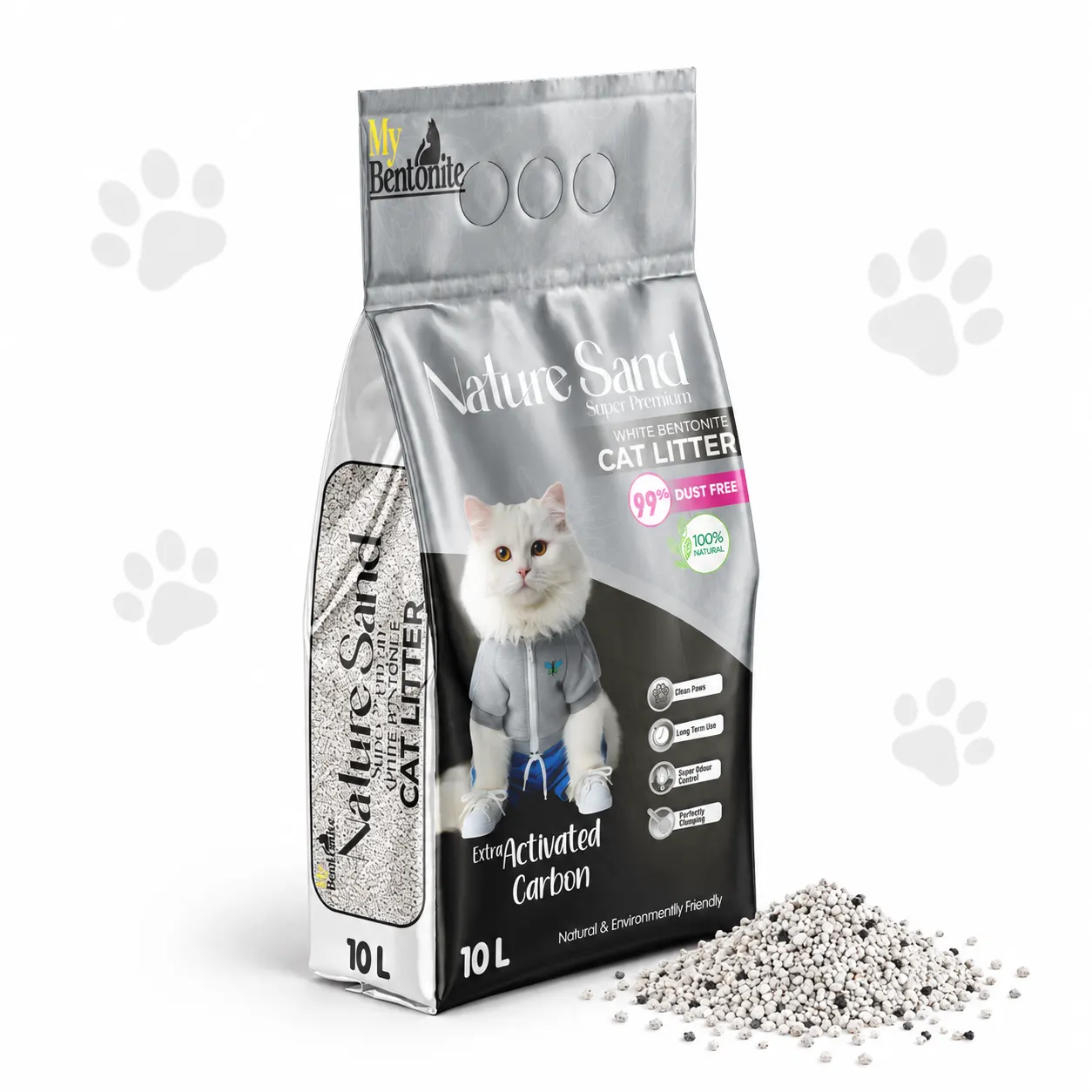 Nature Sand Exra Activate Carbon 10L_result Nature Sand Extra Activated Carbon Cat Litter 10L – Super White Bentonite, 99% Dust Free | Made in Turkey - Image 1