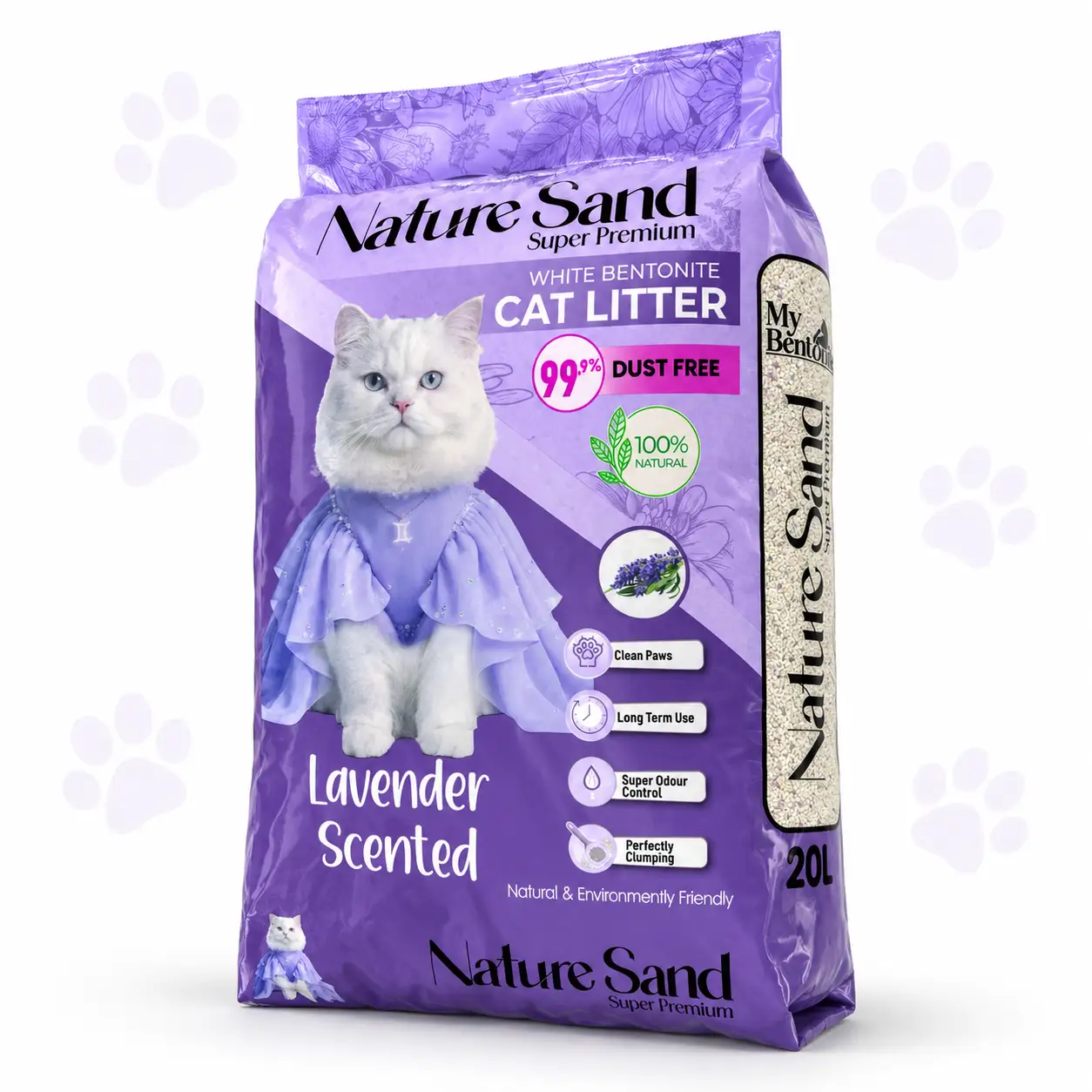 Nature Sand Lavender 20L _result Nature Sand Lavender Cat Litter 20L – Super White Bentonite, 99.9% Dust Free | Made in Turkey - Image 1